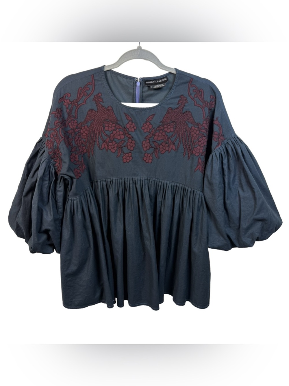 Hemant and Nandita Navy embroidered Peasant Blouse